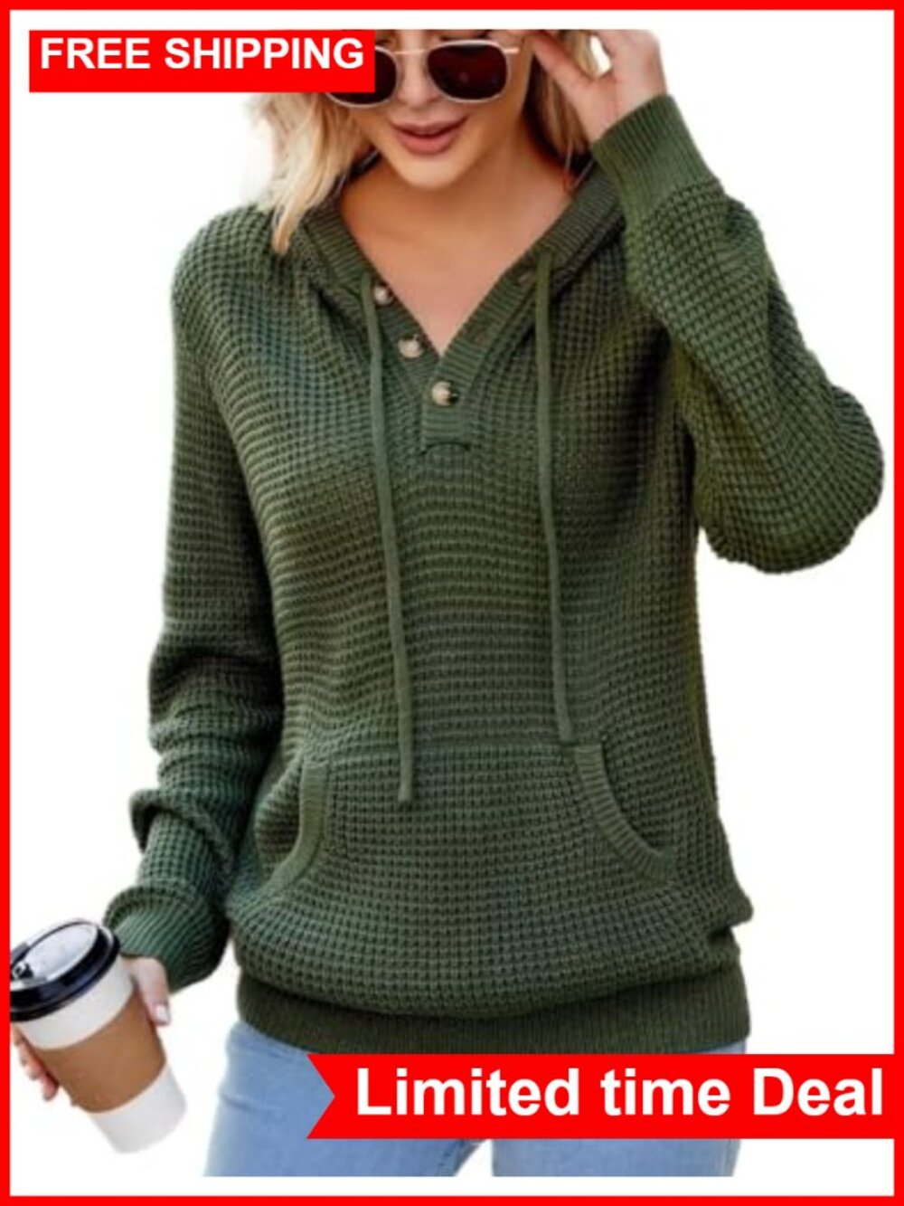 Womens Waffle Knit Hooded Sweater Long Sleeve Pullover with Pocket